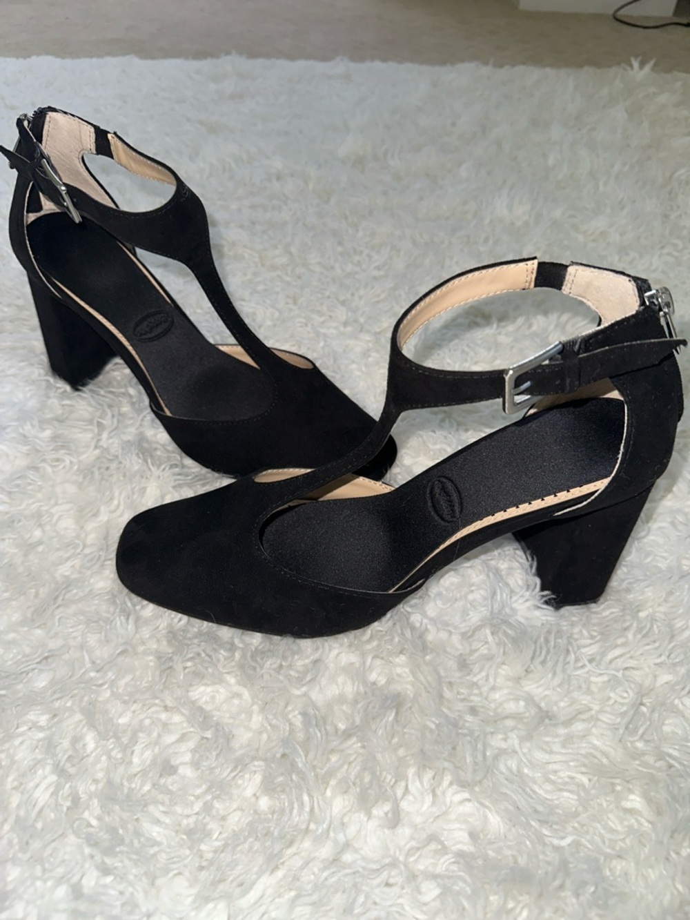 Adrienne Vittadini Black Suede T-Strap Block Heels